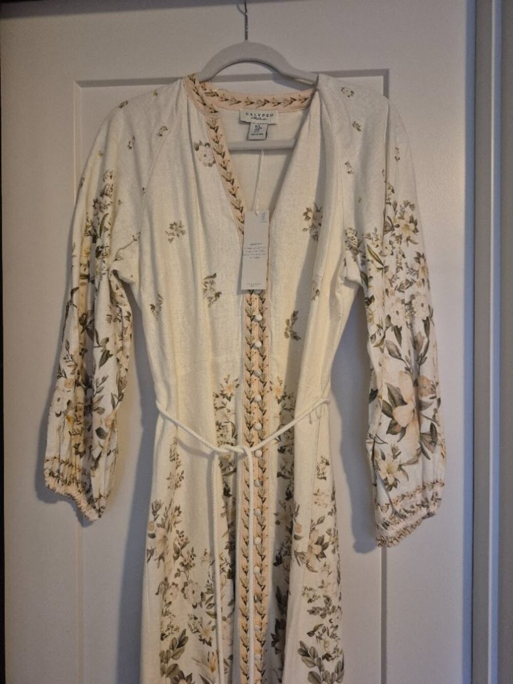 NWT Calypso St. Barth Floral Print Linen Button Front Midi Peasant Dress Size M - Picture 6 of 7